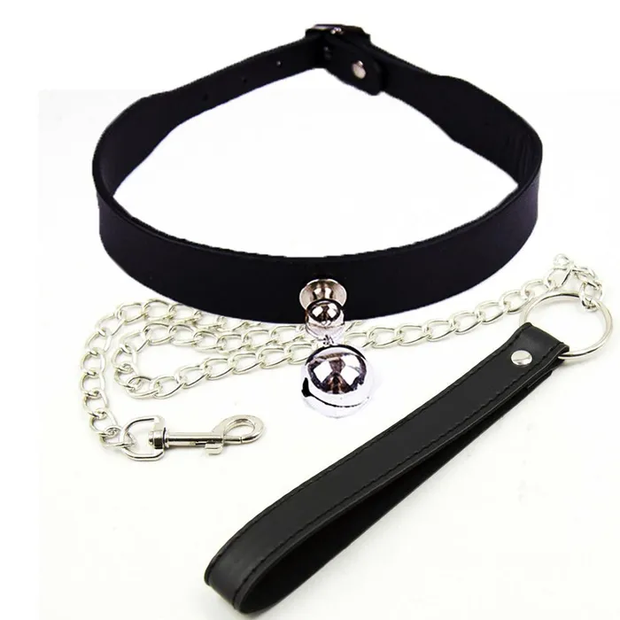 LAZADASEXTOYS Couples Candiway Adjustable Black PU Leather Sexy Metal Bell Choker With Traction Chain Adult Slave Role Play Game Sex Toys For Couple