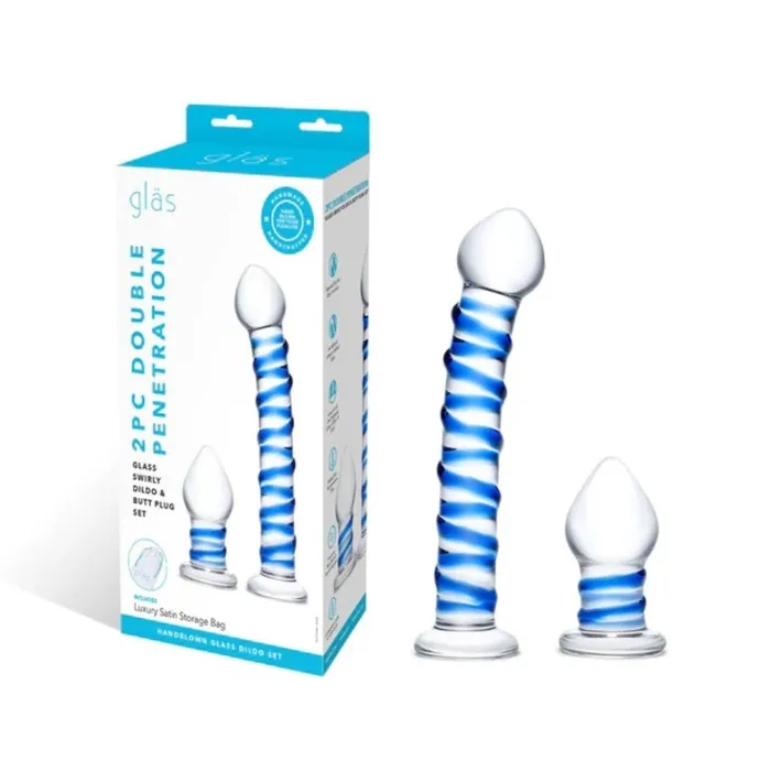 Anal Glas Glas Double Penetration Swirly Dildo And Butt Plug Set Blue 275 Inch 7 Inch