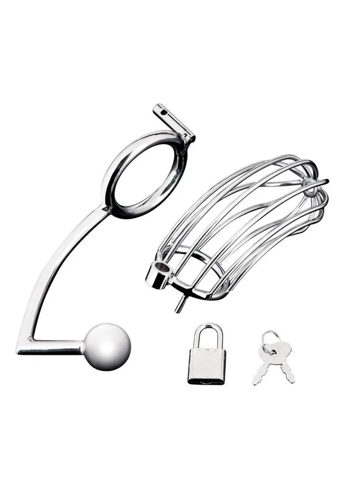 Male Sex Toys Blue Line CandB Gear Cock Cage with Anal Stimulator