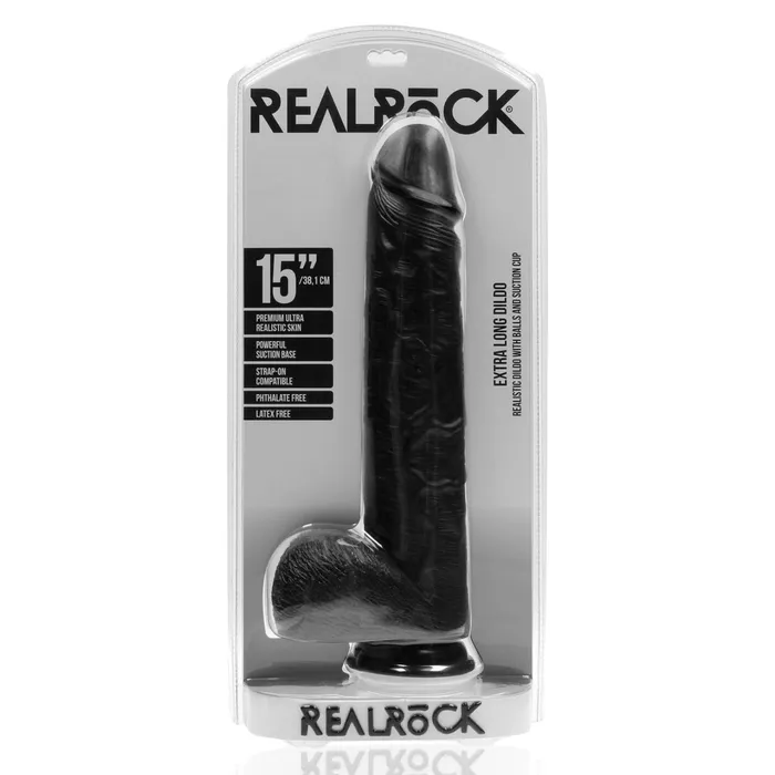 RealRock Extra Long Dildo With Balls Black 15 Inch RealRock Dildos